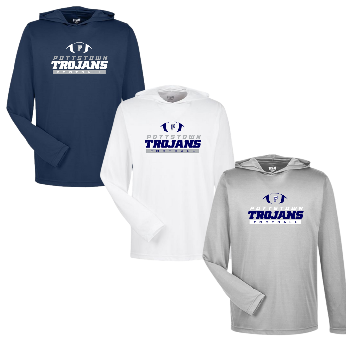 Pottstown Trojans Football Long Sleeve Performance Tee With Hood - Campus